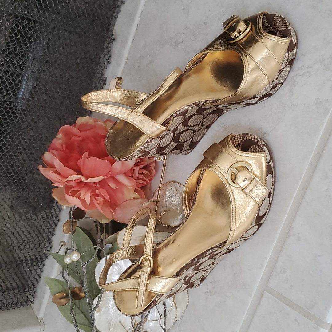 Very Rare!! Coach Brown/Gold Wedge Sandals